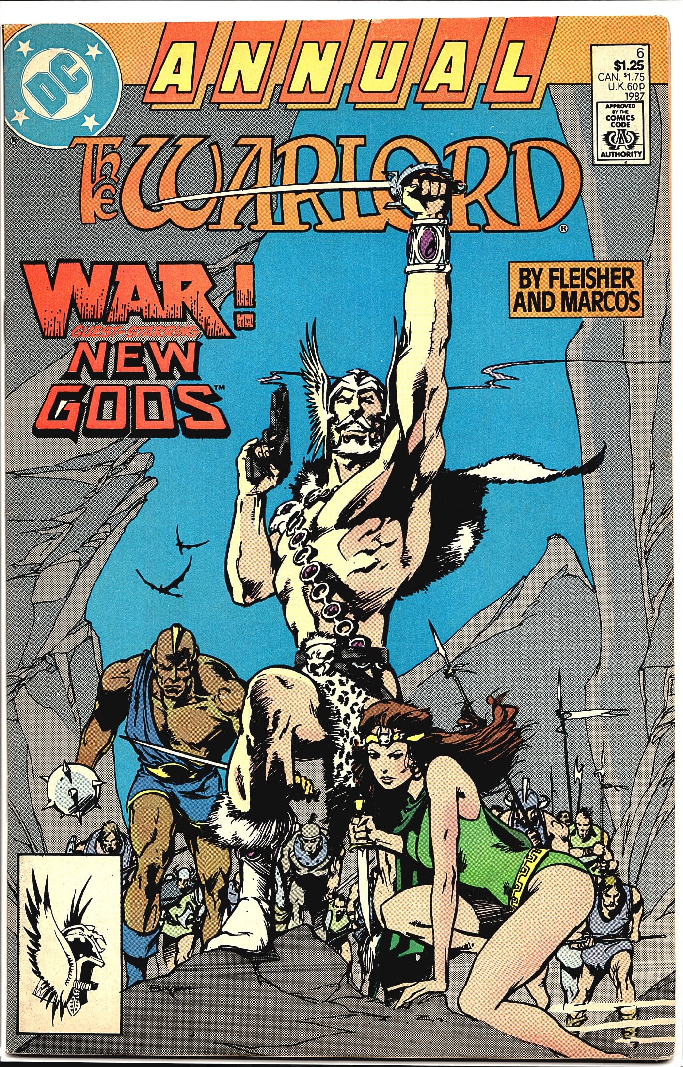 1987 DC Comics The Warlord Annual #6 War New: This is DC Comics' The Warlord Annual #6, published in 1987, written by Fleisher with art by Marcos. The cover features the Warlord leaping dramatically with sword raised and pistol in hand, accompani