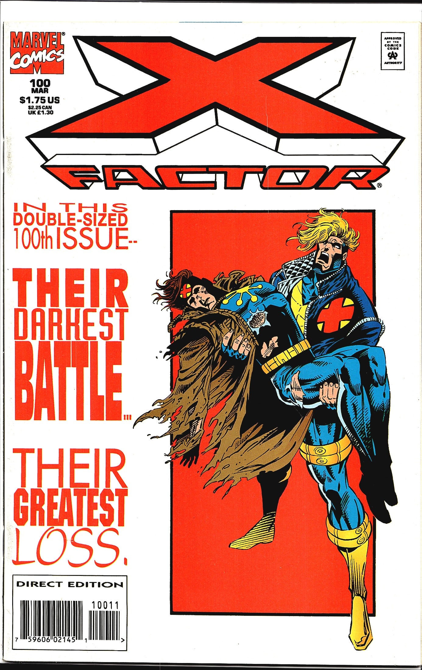 X-Factor #100 Marvel Comics 1994 Double-Sized: X-Factor #100 from Marvel Comics, cover-dated March 1994. This is the double-sized 100th issue milestone, published as a Direct Edition. The cover features dramatic action artwork with two characters 