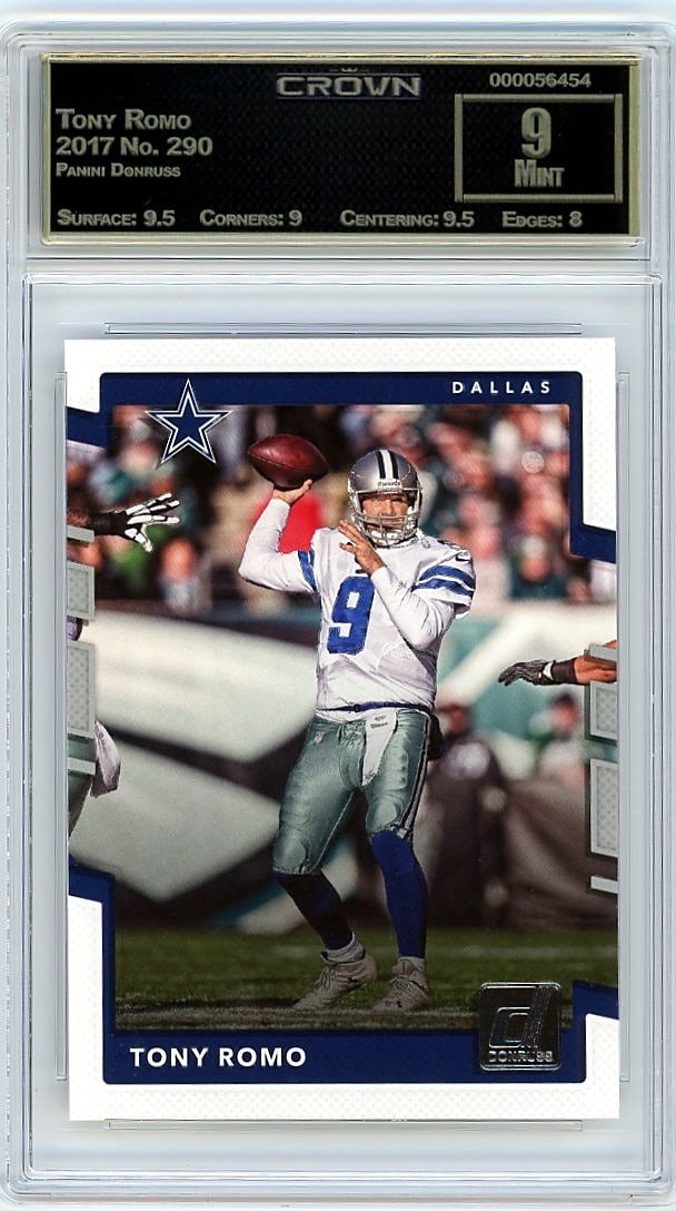 2017 Tony Romo Panini Donruss #290 Crown 9 Mint: This is a 2017 Tony Romo card from the Panini Donruss set, card number 290. It represents a key release from that year's football card lineup, capturing one of the NFL's most recognizable quarterbacks