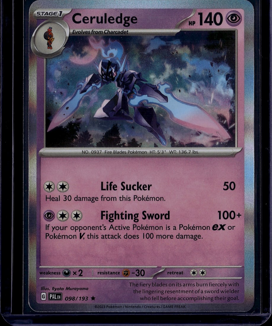 2023 Pokemon Scarlet Violet Paldea Evolved: Ceruledge 098/193 is a Psychic-type Stage 1 Holo Rare from the Scarlet & Violet: Paldea Evolved (SV02) expansion, released June 9, 2023. The card features 140 HP and two attacks: Life Sucker (50