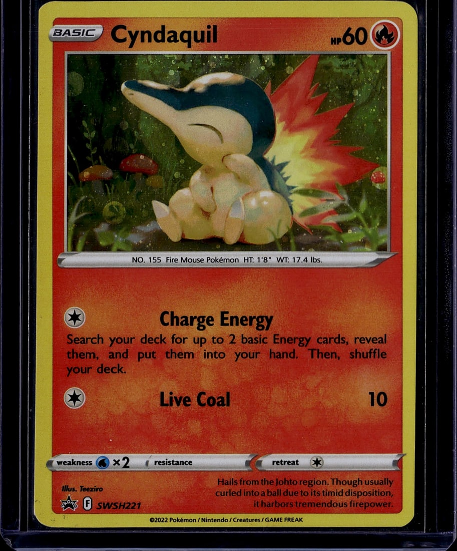 2022 Pokemon Sword Shield Black Star Promos: Cyndaquil SWSH221 is a Fire-type Basic Pokemon card from the SWSH Black Star Promo series, featuring artwork by Teeziro. It was distributed in the Spring 2022 Collector Chest (from May 6, 2022) and th
