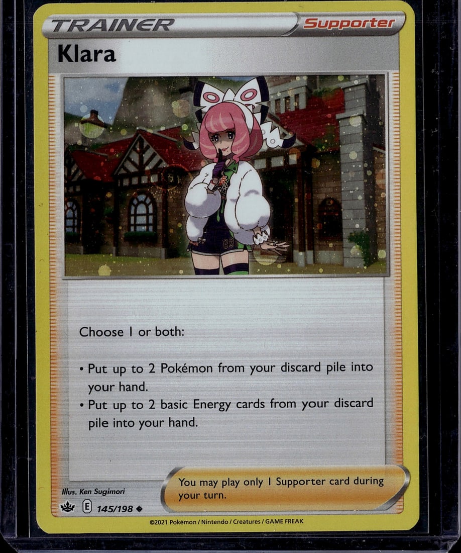 2021 Pokemon Sword Shield Chilling Reign Klara: Klara is an Uncommon Supporter Trainer card from the Sword & Shield-Chilling Reign expansion (SWSH06), released June 18, 2021. As a Trainer Supporter, Klara allows the player to search their discard p