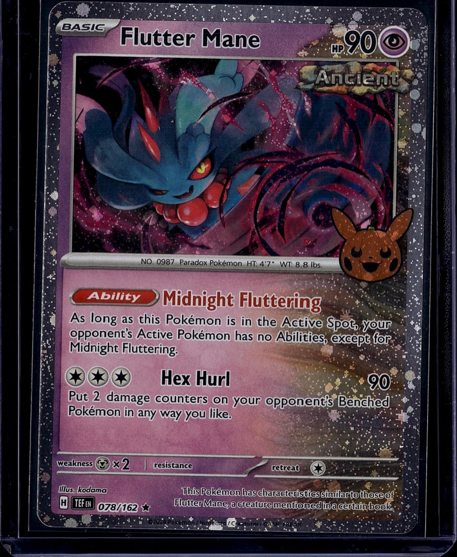 Flutter Mane 078/162 Ancient Pokemon Scarlet: This is a Flutter Mane Pokemon Trading Card Game card from the Scarlet & Violet expansion set, card number 078/162. Flutter Mane is a Basic Psychic-type Ancient Pokemon with 90 HP. The card features