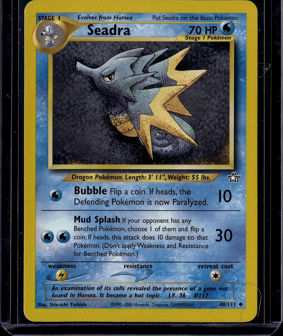 Seadra Pokemon Card 48/111 Base Set 2000 Stage 1: This is an original Seadra Pokemon card from the Base Set (48/111), released in 2000 by Nintendo and GAMEFREAK. Seadra is a Stage 1 Water-type Dragon Pokemon that evolves from Horsea, featuring 70