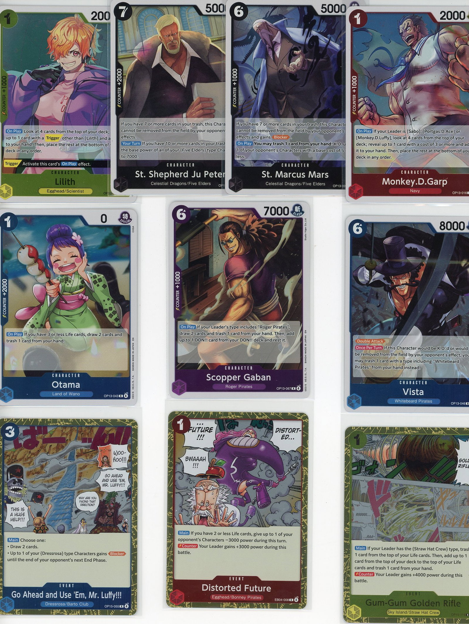Lot of 10 One Piece Foil Trading Cards - Bandai: This lot contains 10 One Piece foil trading cards from the Bandai One Piece Trading Card Game. The collection features a mix of character cards including Lilith, St. Shepherd Ju Peter, St. Marcus