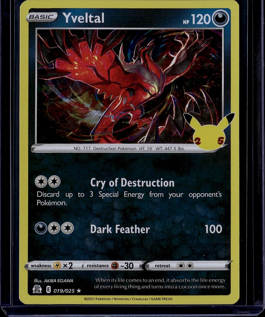2021 Pokemon Celebrations 25th Anniversary: Yveltal 019/025 is a Holo Rare Darkness-type Basic Pokemon card from the Celebrations: 25th Anniversary special expansion, released October 8, 2021. It features the attacks Cry of Destruction and
