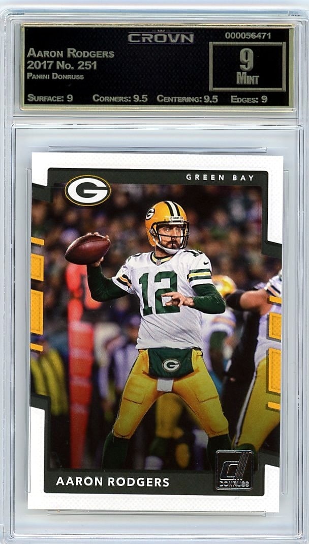 2017 Aaron Rodgers Panini Donruss #251 Crown 9: This is a 2017 Aaron Rodgers card from the Panini Donruss set, card number 251. It has been professionally graded and encased in a protective slab by Crown Grading, receiving a grade of 9 in Mint