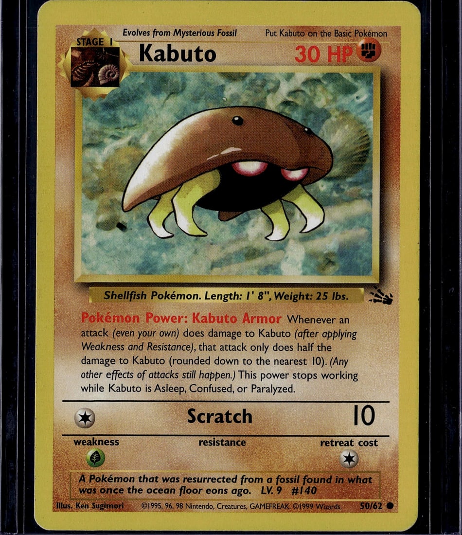 1999 Wizards of the Coast Fossil Kabuto 50/62: Kabuto is a Fighting-type Stage 1 Pokemon card (#50/62) from the 1999 Wizards of the Coast Fossil expansion, which contains 62 cards. It is a Common card illustrated by Ken Sugimori with 30 HP, and
