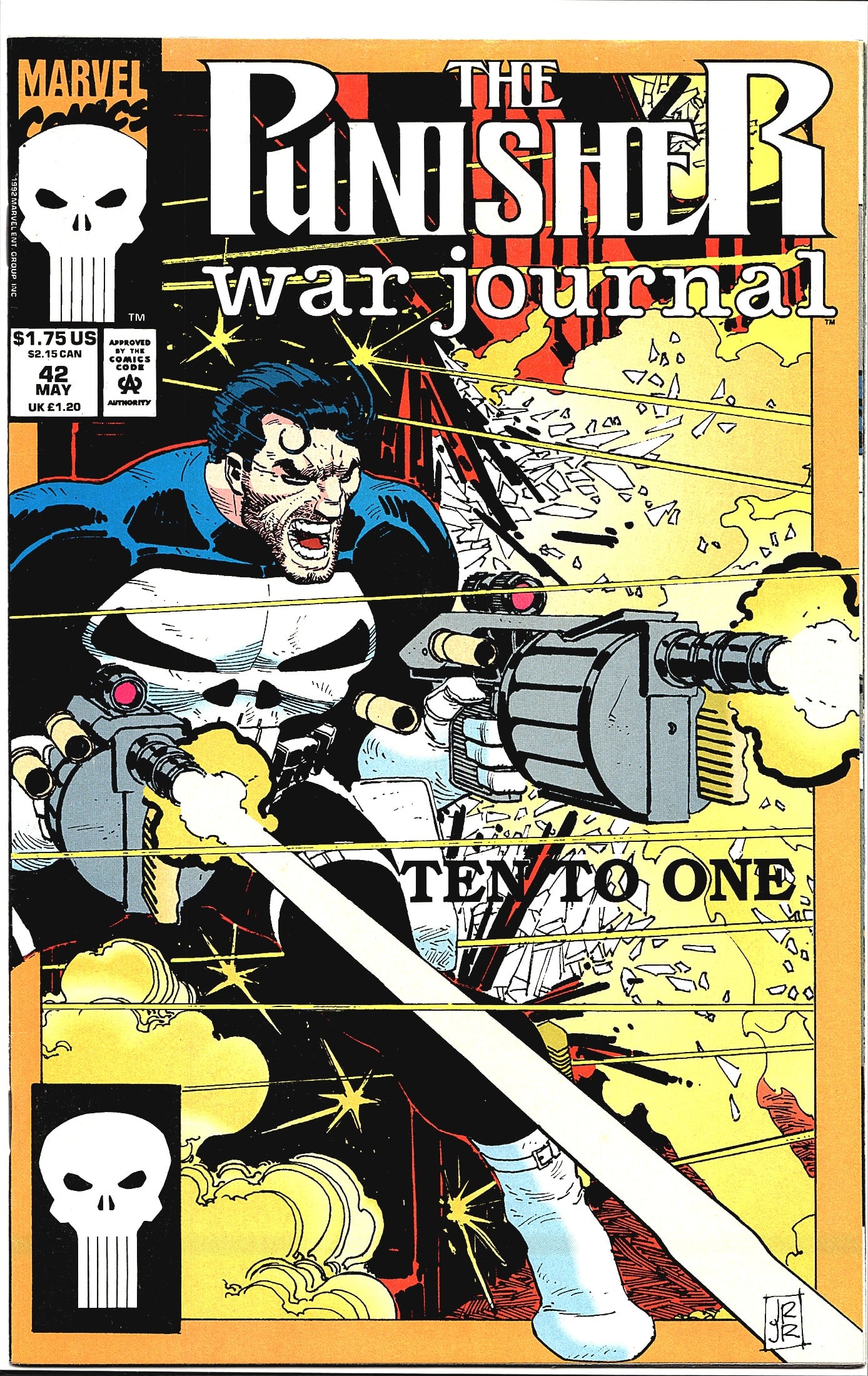 1992 Marvel The Punisher War Journal #42 Comic: This is issue #42 of The Punisher War Journal, published by Marvel Comics in May 1992, titled 'Ten to One.' The cover art features the Punisher in his iconic black skull costume charging forward
