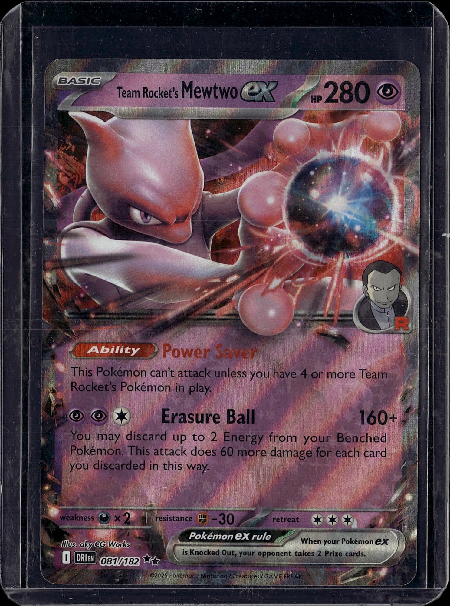 2025 Pokemon Destined Rivals Team Rocket's: This is Team Rocket's Mewtwo EX Basic Pokemon card from the 2025 Pokemon EX set, card number 081/182. The card features 280 HP and showcases stunning artwork of Mewtwo in Team Rocket's signature style