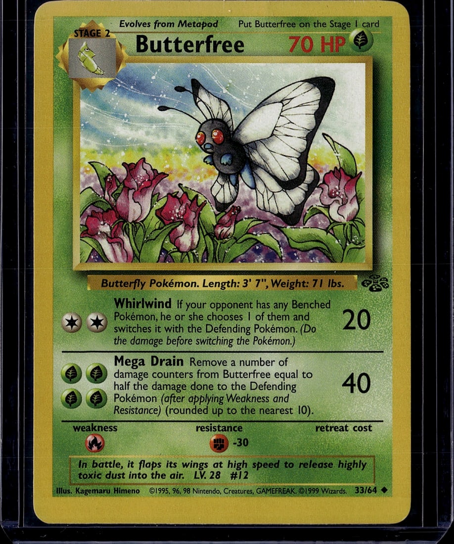 Butterfree Base Set 33/64 Stage 2 Pokemon Card: This is an original 1999 Butterfree Pokemon card from the highly sought-after Base Set, card number 33/64. This Stage 2 evolution card features the classic Kagemaru Himeno artwork depicting Butterfree
