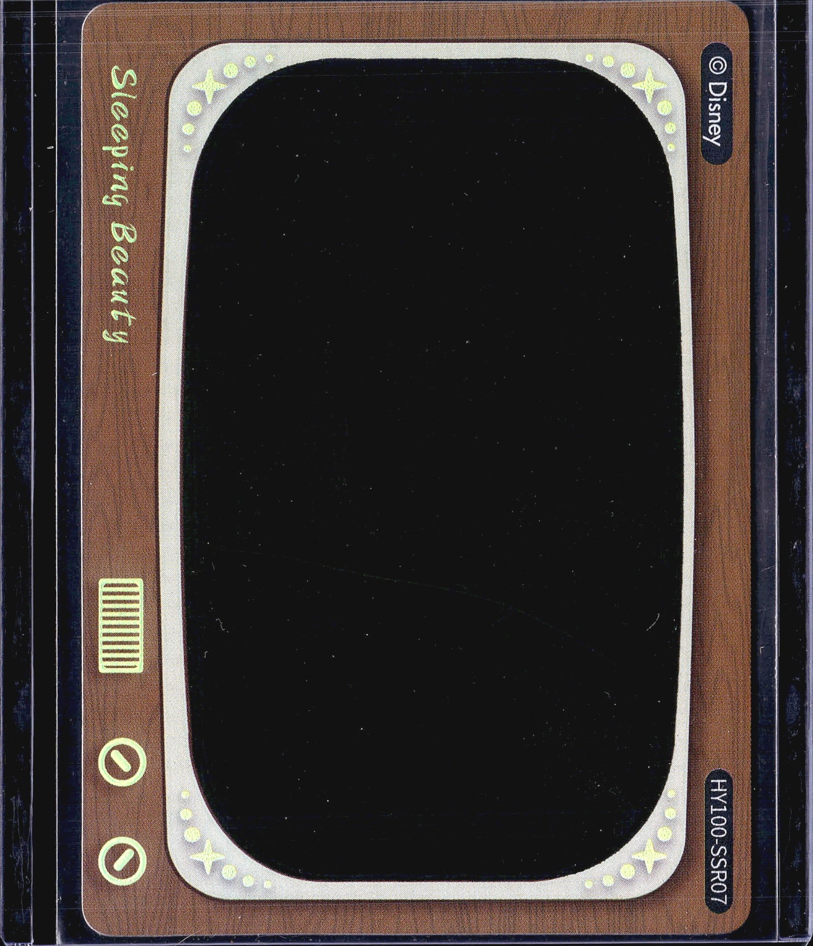 2023 Card Fun Disney 100 Heat Activated Sleeping: This is a 2023 Card Fun Disney 100 Heat Activated Movie Scenes card featuring Sleeping Beauty, card number HY100-SSR07. The card showcases a retro vintage television set design with a wood-grain brown