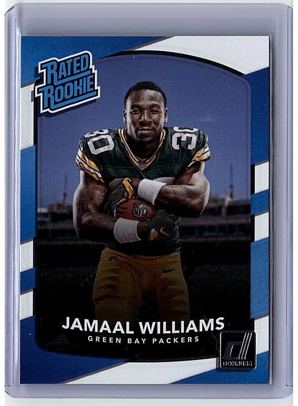 2017 Panini Donruss Rated Rookie Jamaal Williams: This is a 2018 Panini Playoff Jamaal Williams #30 rookie card featuring the Green Bay Packers running back. The card showcases Williams in his Packers uniform with excellent photo quality and vibrant 