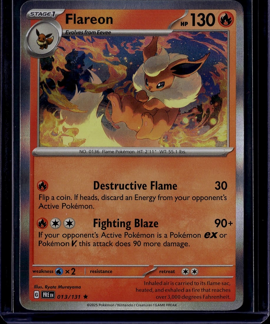 2025 Pokemon Flareon 013/131 Stage 1 Scarlet: This is a 2025 Pokemon Trading Card Game Flareon card from the Scarlet & Violet expansion set, card number 013/131. Flareon is a Stage 1 Fire-type Pokemon that evolves from Eevee, featuring 130 HP. Th
