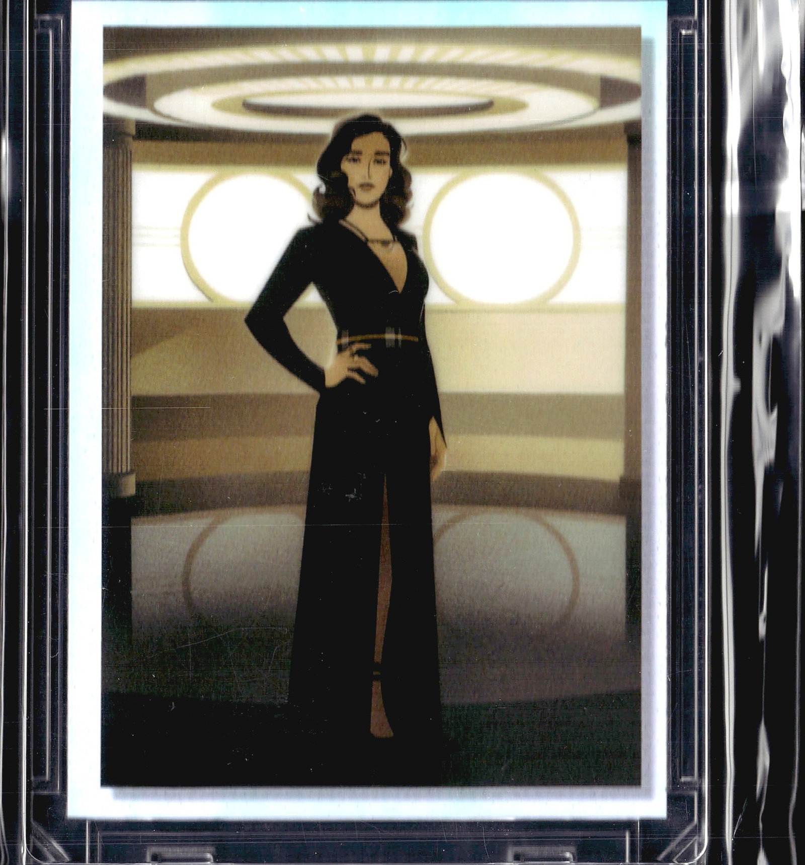 2023 Topps Star Wars Galaxy Chrome Qi'Ra WSW-10: This is card WSW-10 from the Topps Star Wars Galaxy trading card set, featuring Qi'ra from Solo: A Star Wars Story. The front showcases stylized poster art of Qi'ra dressed in a black long-sleeve gown
