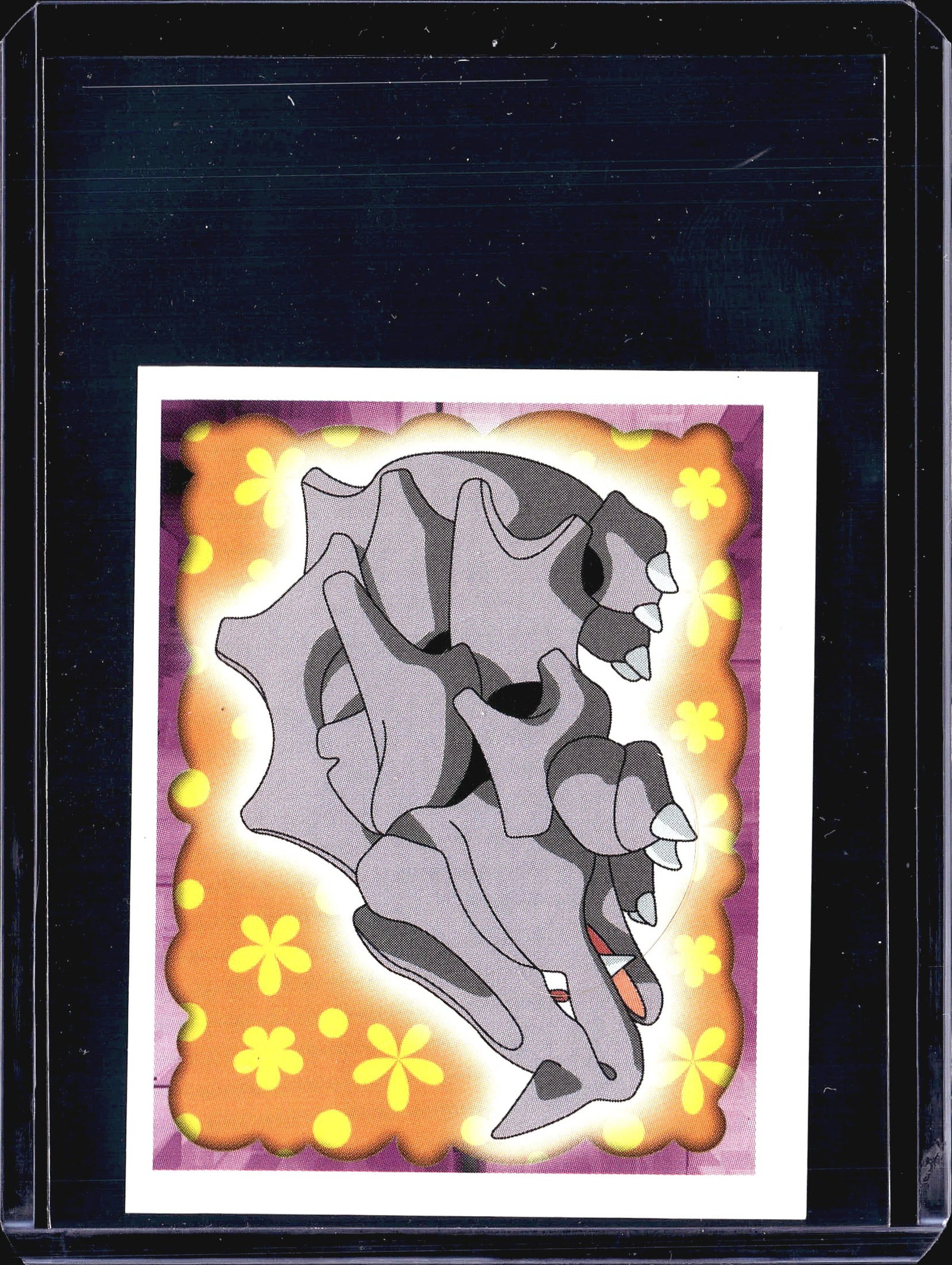 1999 Merlin Topps Pokemon Stickers Series 1 #111: This is a 1999 Merlin Collections Pokemon sticker from the official licensed Pokemon Merlin Sticker Collection series. The front features a gray, rocky Pokemon with claws set against a vivid orange