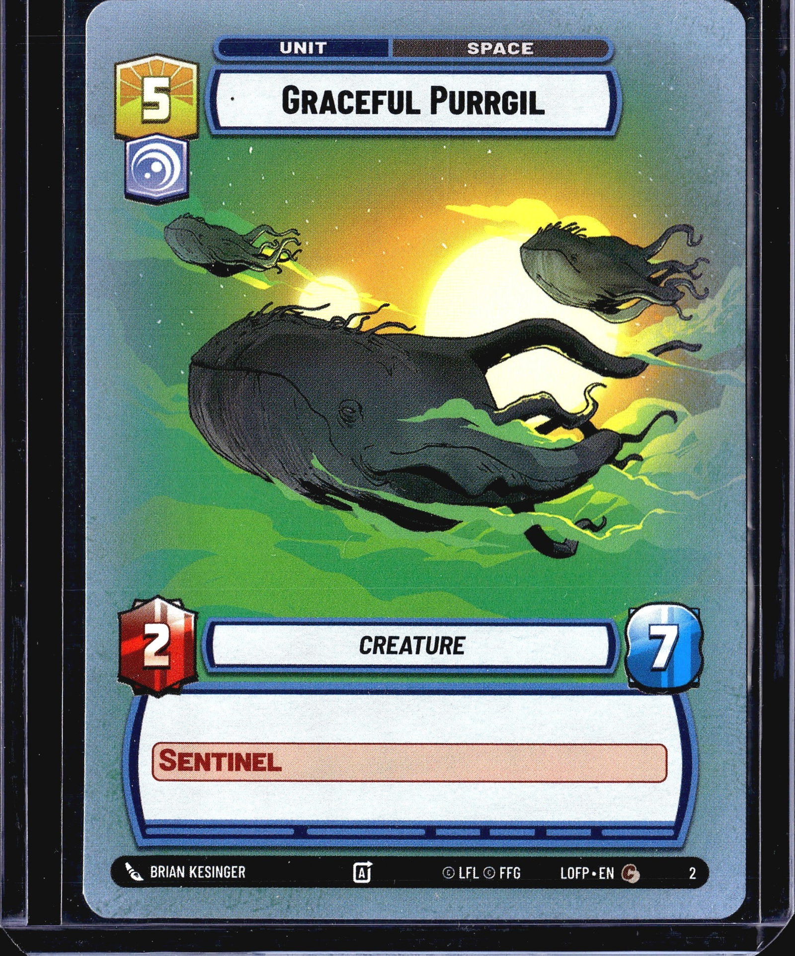 2024 Fantasy Flight Games Legends of the Force: This listing is for the Graceful Purrgil (card #2) from the Star Wars Unlimited trading card game set Legends of the Force (LOFP). Published by Fantasy Flight Games under LFL license, this is a Unit