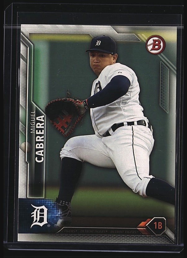 2016 Bowman Chrome Miguel Cabrera #33 Baseball: This is a 2011 Bowman Miguel Cabrera baseball card #18, offered as a raw single in mint condition. The card features Cabrera in a Detroit Tigers uniform mid-pitch, showcasing excellent centering and s