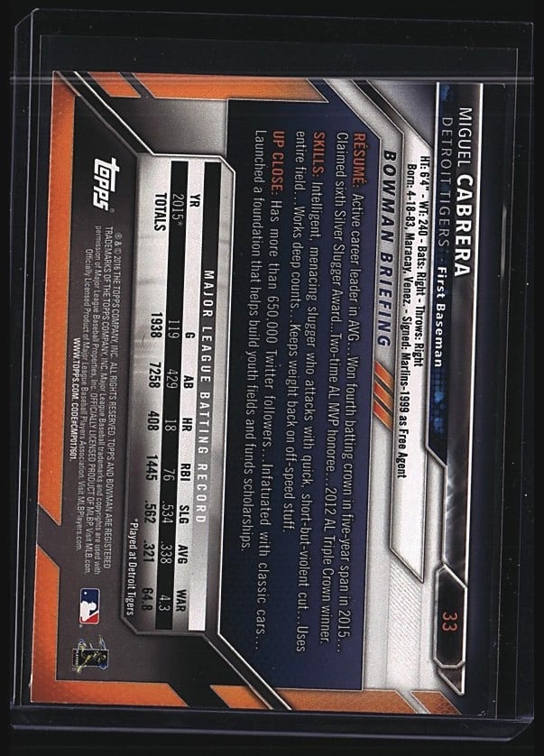 2016 Bowman Chrome Miguel Cabrera #33 Baseball - 2