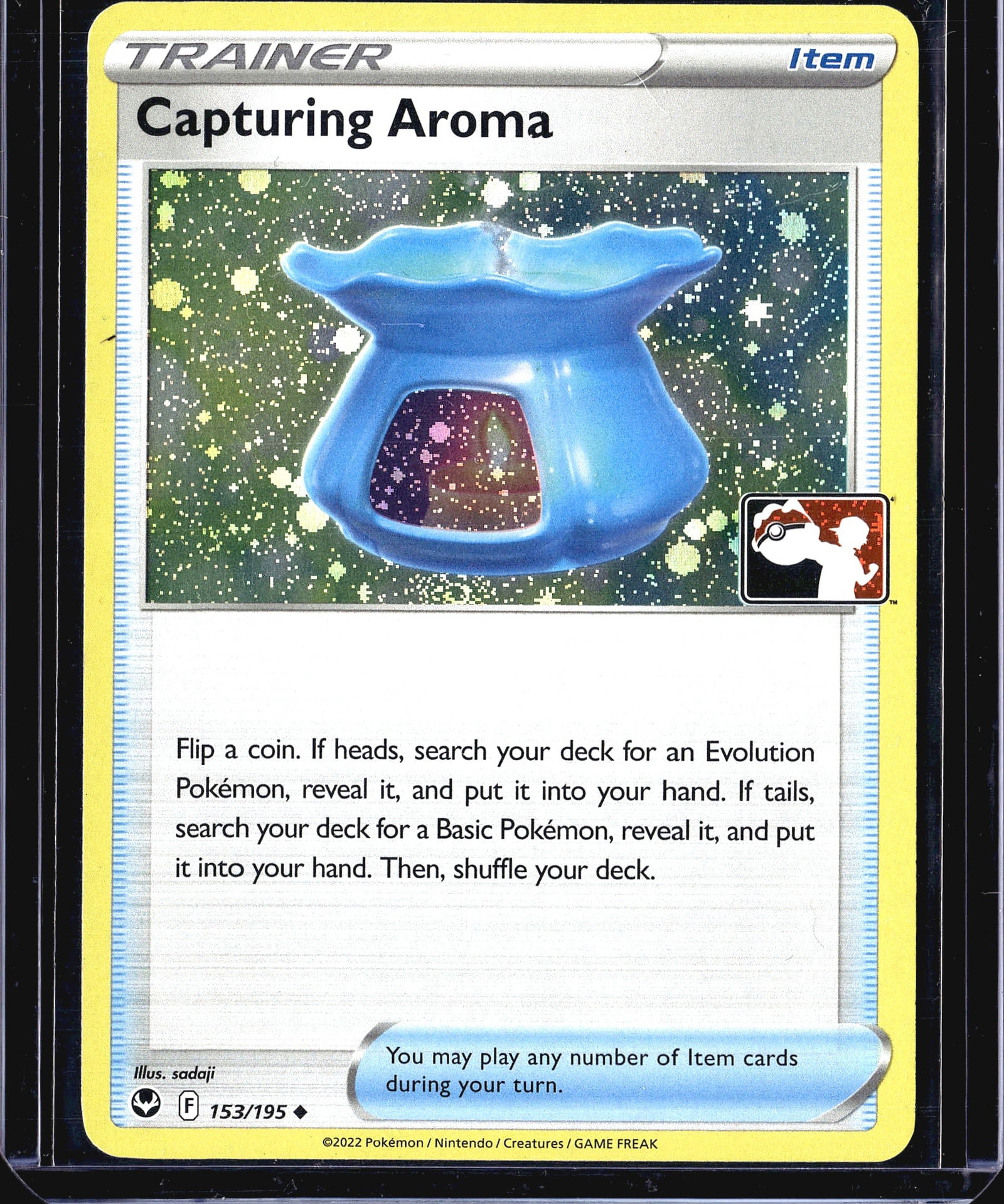2022 Pokemon Silver Tempest Capturing Aroma: This listing is for a 2022 Pokemon Trading Card Game Trainer Item card - Capturing Aroma - from the Silver Tempest expansion set, numbered 153/195. Illustrated by Sadaji, this card features a blue cer