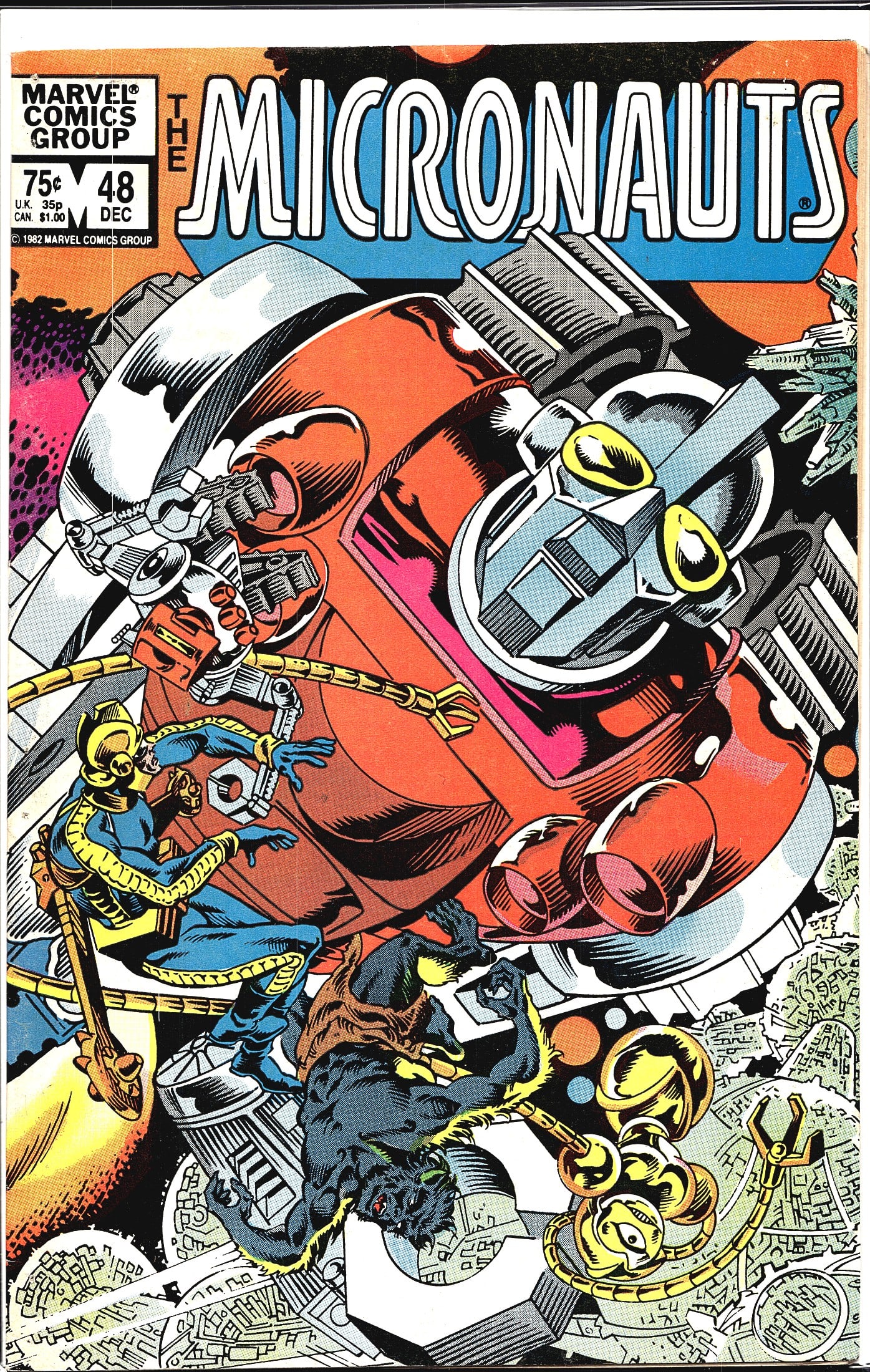 1982 Marvel Comics Group Micronauts #48 Comic: This is issue #48 of The Micronauts, published by Marvel Comics Group, cover-dated December 1982. The cover art features a dramatic action scene with large robotic/mechanical figures looming over the 