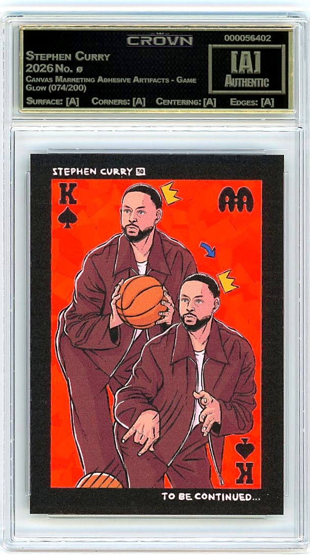 2026 Stephen Curry Canvas Marketing Adhesive: This is a 2026 Stephen Curry card from the Canvas Marketing Adhesive Artifacts - Game Glow set, card number . It has been professionally graded and encased in a protective slab by Crown, a recognized 