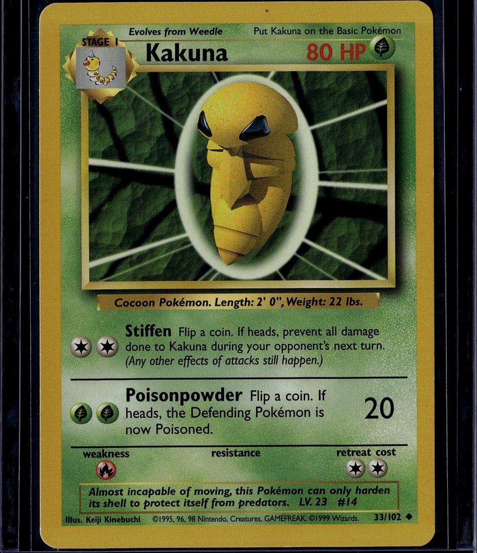 1999 Pokemon Base Set Kakuna #33/102 Card: This is a 1999 Pokemon Trading Card Game Base Set Kakuna card (33/102), a Stage 1 Cocoon Pokemon that evolves from Weedle. The card features the classic vintage artwork and design characteristic of