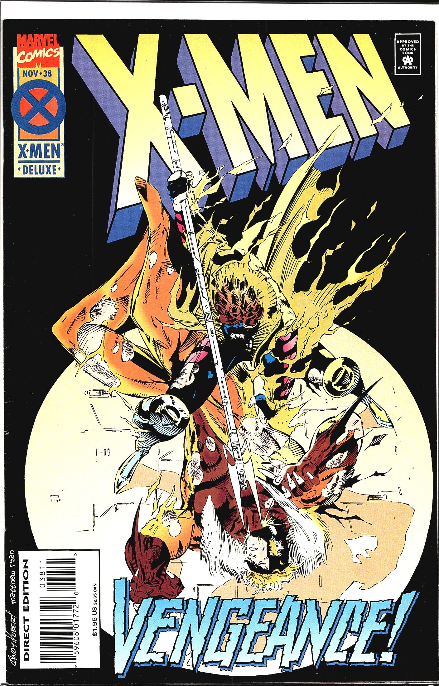 1995 Marvel Comics X-Men #38 Comic Book: This is X-Men #38, published by Marvel Comics, cover-dated November 1994. The issue is labeled as a Deluxe Direct Edition and carries the Comics Code Authority seal. The cover art features a dramatic
