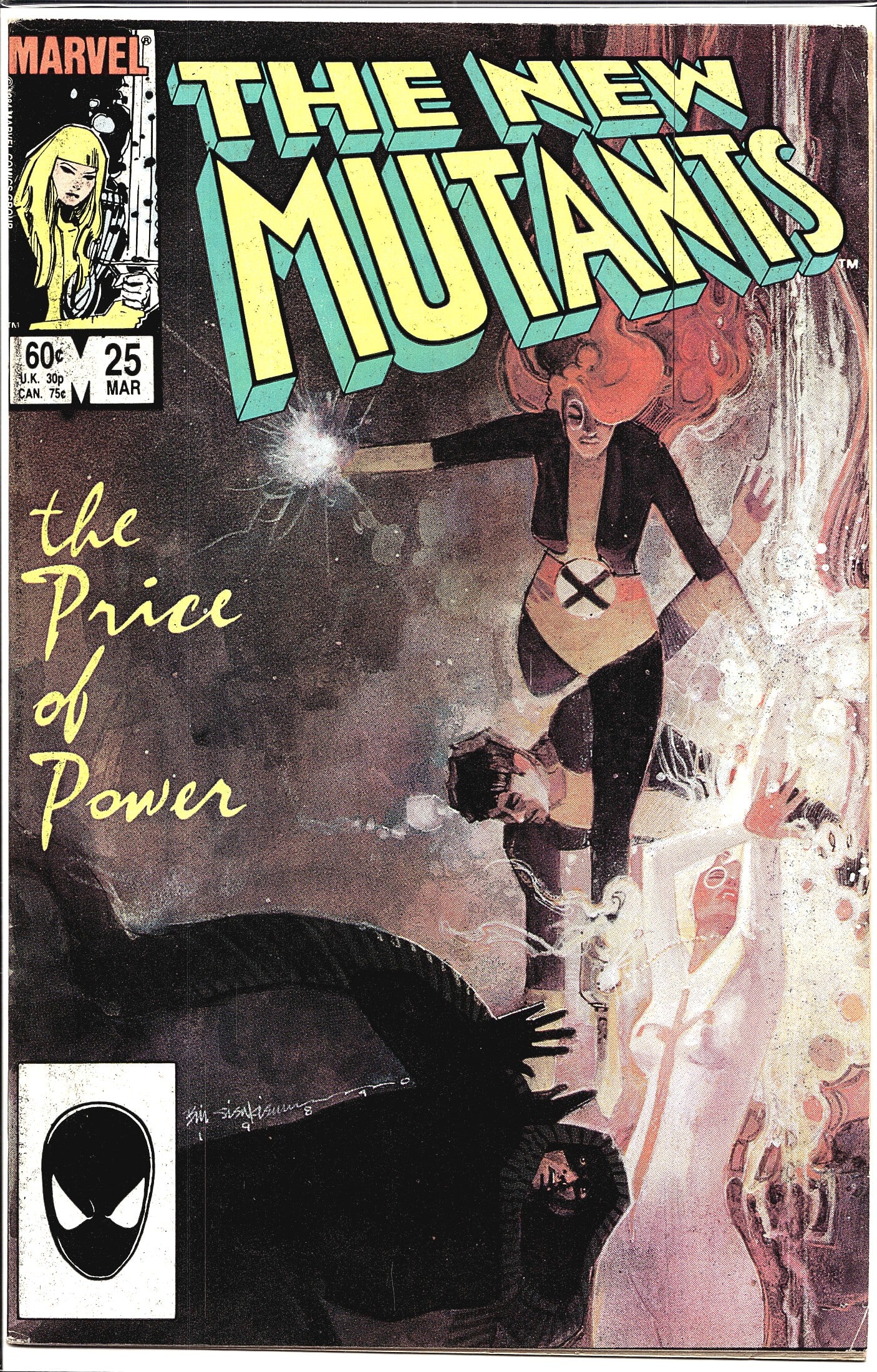 1985 Marvel The New Mutants #25 Comic Book: New Mutants #25 published by Marvel Comics, cover dated March 1985. Titled 'The Price of Power,' this issue features cover art by Bill Sienkiewicz depicting a female New Mutant in an X-Men uniform sur