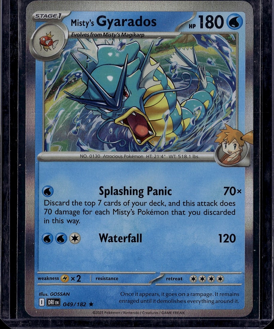 Misty's Gyarados 049/182 Pokemon Scarlet Violet: This is a raw Misty's Gyarados card from the Pokemon Scarlet & Violet set, card number 049/182. A Stage 1 Water-type evolution card featuring the iconic atrocious Pokemon with 180 HP. The card