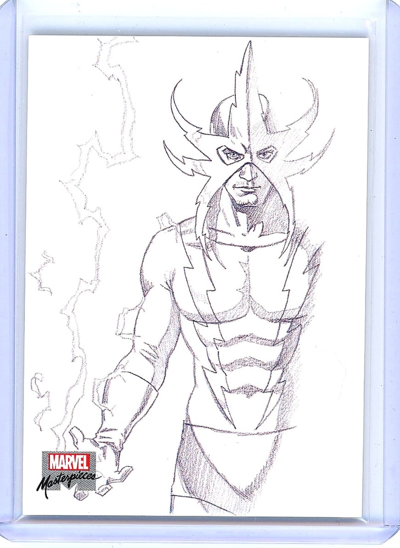 2022 Upper Deck Marvel Masterpieces AP-5 Electro: This is card AP-5 from the 2022 Marvel Masterpieces set by Upper Deck SkyBox, featuring a pencil sketch preliminary artwork of Electro by artist Dan dos Santos. The front displays a detailed graphite-