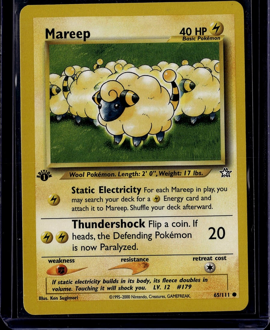 2000 Pokemon Neo Genesis Mareep Card #65 Very: This is an authentic Mareep Pokemon Trading Card Game card from the Base Set, released in 2000. Card number 65/111, Mareep is a Basic Electric-type Pokemon with 40 HP. The card features the classic
