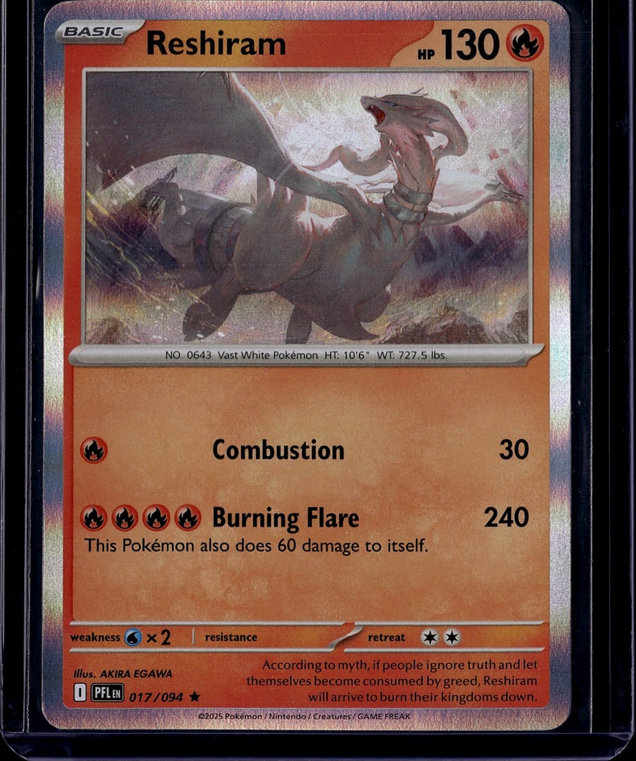 2025 Pokemon Mega Evolution Phantasmal Flames: Reshiram 017/094 is a Fire-type Basic Pokemon card from the Scarlet & Violet era Mega Evolution: Phantasmal Flames expansion (ME02), released November 2025. It is a Rare Holo with 130 HP, featuring