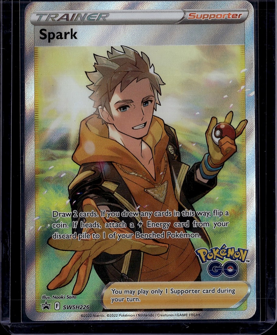 2022 Pokemon Sword Shield SWSH226 Spark Near: This is an authentic Spark Trainer Supporter card from the Pokemon Sword & Shield set (SWSH226), released in 2022. Spark is a Supporter-type trainer card featuring the iconic Pokemon GO character in
