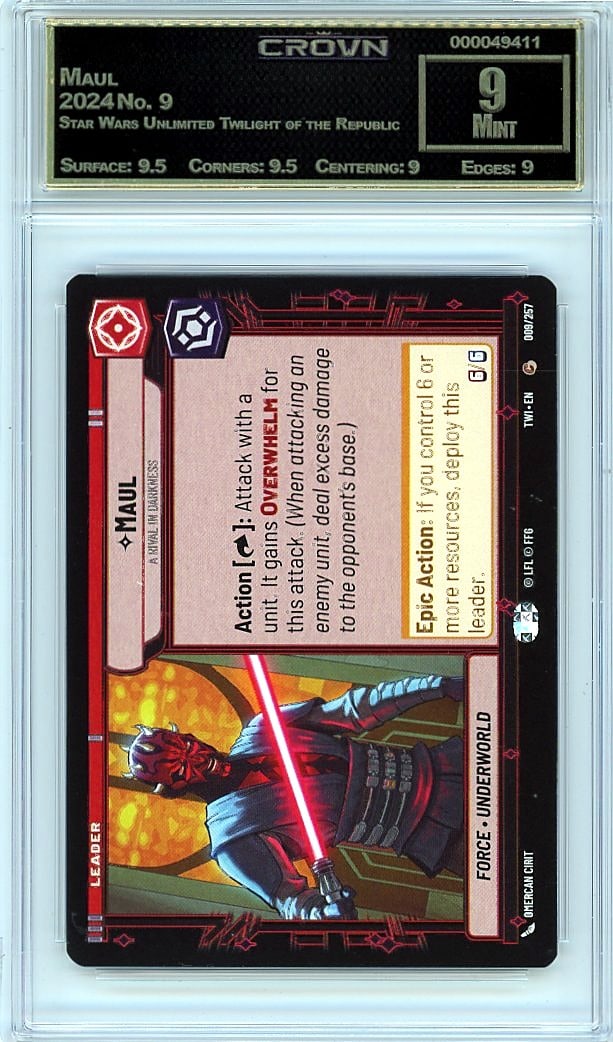 2024 Maul Star Wars Unlimited Twilight of the: Graded by Crown Grading. Grade: 9.00. Mint