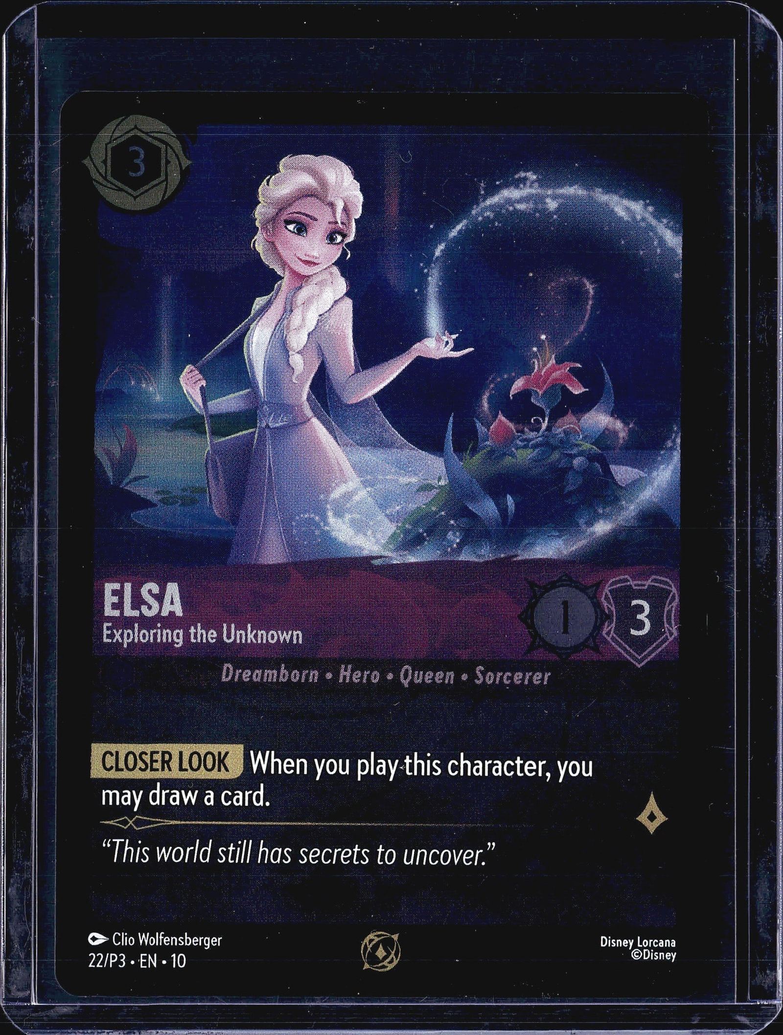 2024 Disney Lorcana Whispers in the Well Elsa: This listing features Elsa - Exploring the Unknown, card number 22/P3 from Disney Lorcana, illustrated by Clio Wolfensberger. The card carries the subtitle 'Exploring the Unknown' and the classificati