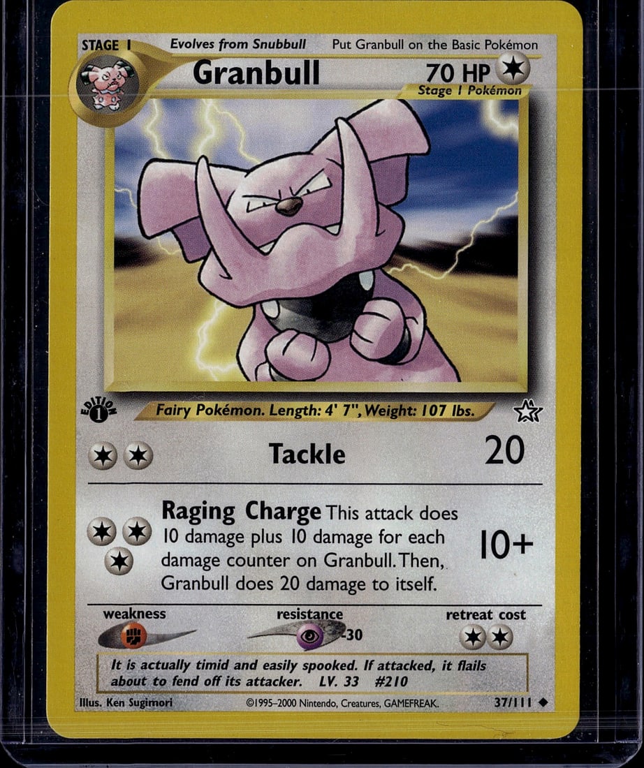 Granbull 37/111 Neo Genesis Pokemon Card 2000: This is a raw, ungraded Granbull Pokemon Trading Card from the Neo Genesis set, card number 37/111, published by The Pokemon Company in 2000. Granbull is a Stage 1 Fairy-type Pokemon that evolves