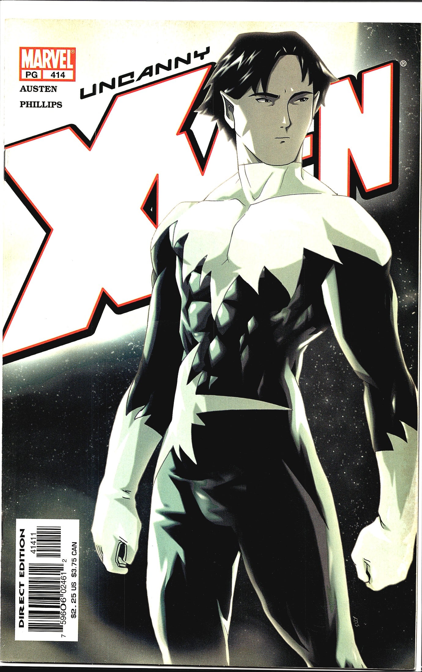 2002 Marvel Uncanny X-Men #414 Comic Book: Uncanny X-Men #414, published by Marvel Comics, written by Chuck Austen with art by Sean Phillips. This is a Direct Edition issue, as noted on the bottom barcode label. The cover features a dramatical