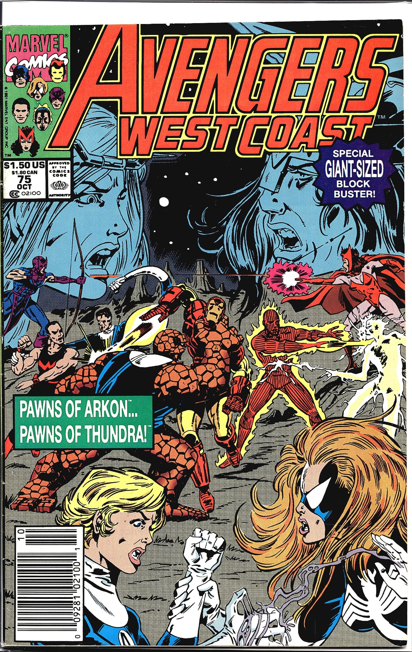 Avengers West Coast #75 Marvel Comics 1991: Avengers West Coast #75 published by Marvel Comics, cover dated October 1991, priced at $1.50 US / $1.80 CAN. This is a special Giant-Sized issue featuring the story 'Pawns of Arkon... Pawns of