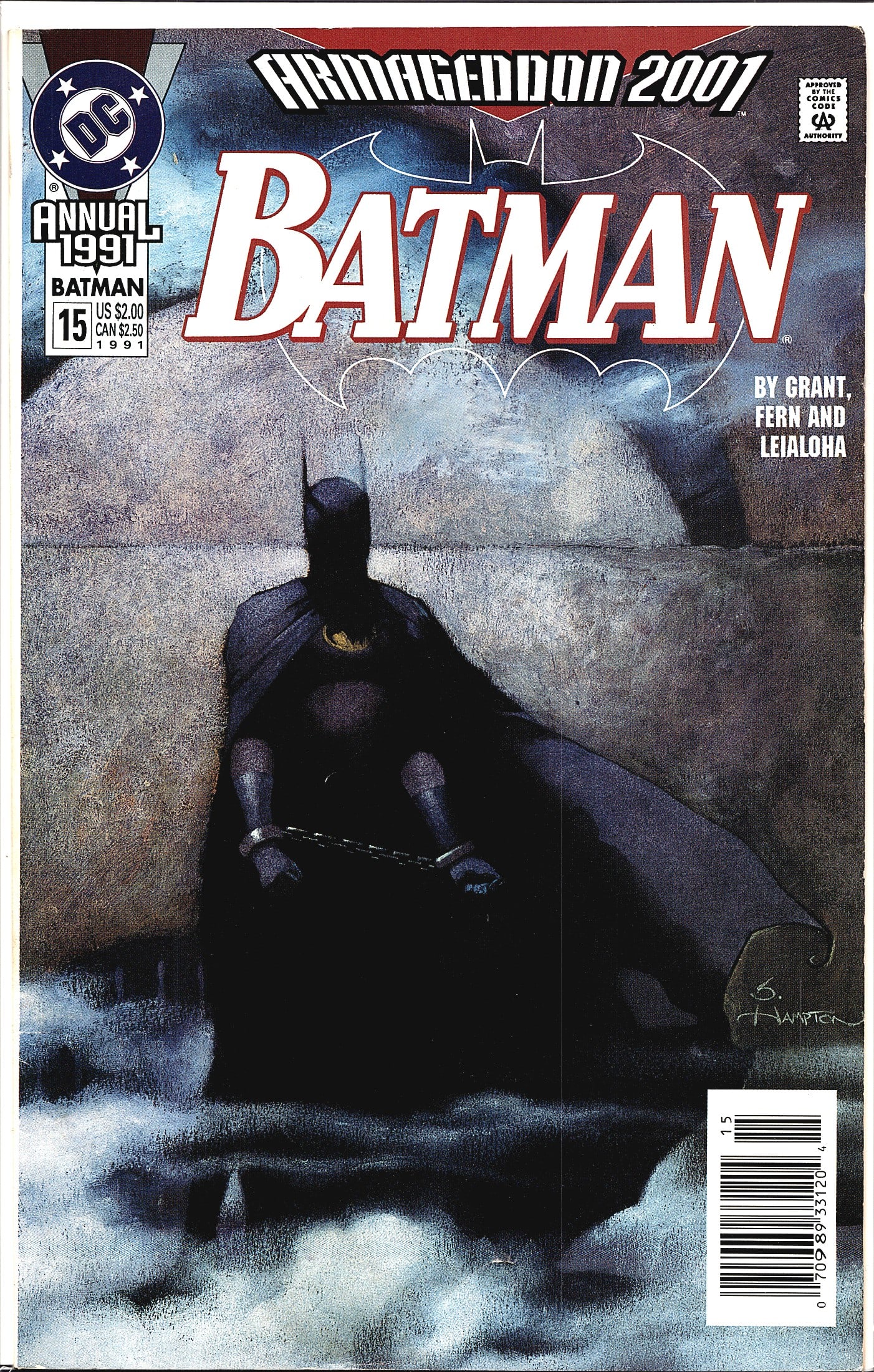 1991 DC Comics Batman Annual #15 Comic Book: Batman Annual #15 published by DC Comics in 1991, part of the Armageddon 2001 crossover event. This issue is written by Grant with art by Fern and Leialoha, as credited on the cover. The striking pain