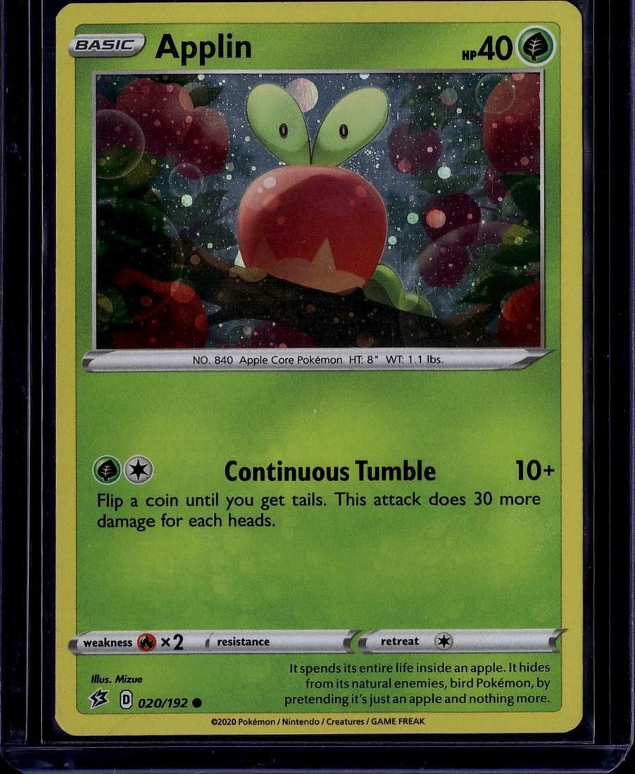 2020 Pokemon Sword Shield Rebel Clash Applin: Applin is a Common Basic Grass-type Pokemon card from the 2020 Sword & Shield: Rebel Clash set. It has 40 HP and the attack Continuous Tumble, which deals 10+ damage (flip a coin until tails; +30 dama
