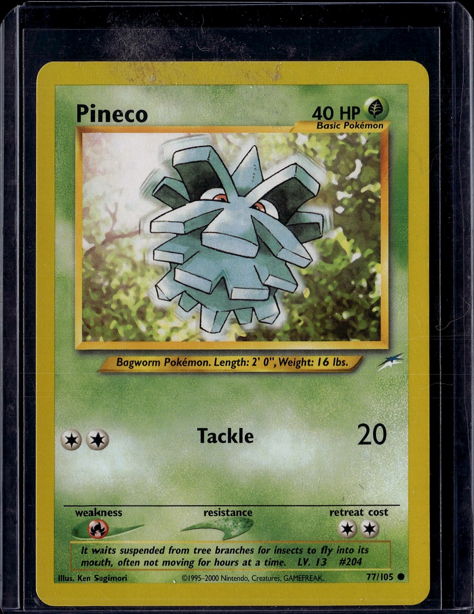 Pineco 77/105 Neo Genesis Pokemon Card Single: This is an ungraded Pineco Pokemon card from the Neo Genesis set, card number 77/105. Pineco is a Bagworm-type Basic Pokemon with 40 HP featuring the Tackle attack that deals 20 damage. The card was