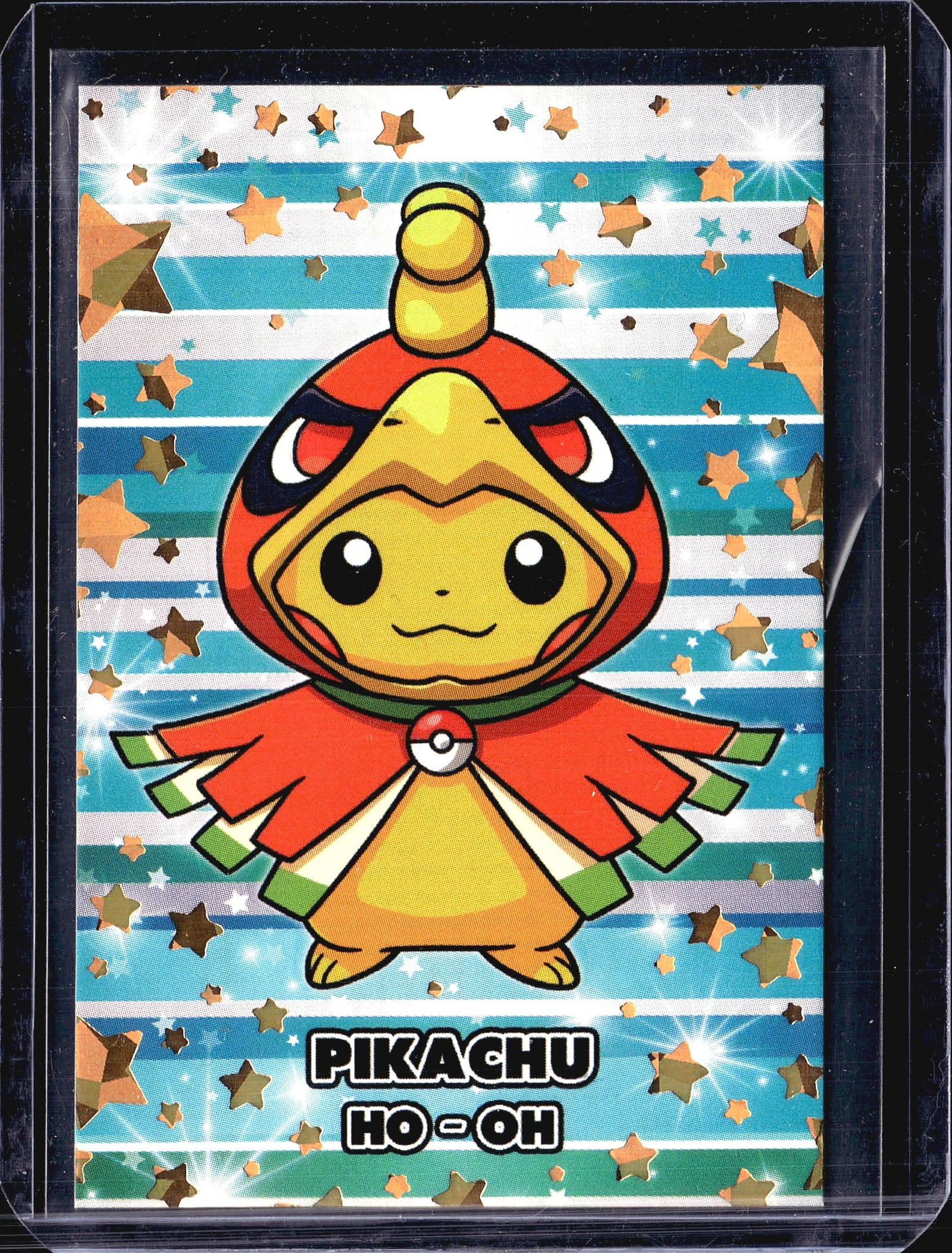 1-Card Lot Modern Japanese Pokemon Trading Card: This is a single Pokemon trading card featuring a custom Pikachu illustration in festive attire. The card displays a colorful striped background with star motifs in blue, white, and gold tones. The