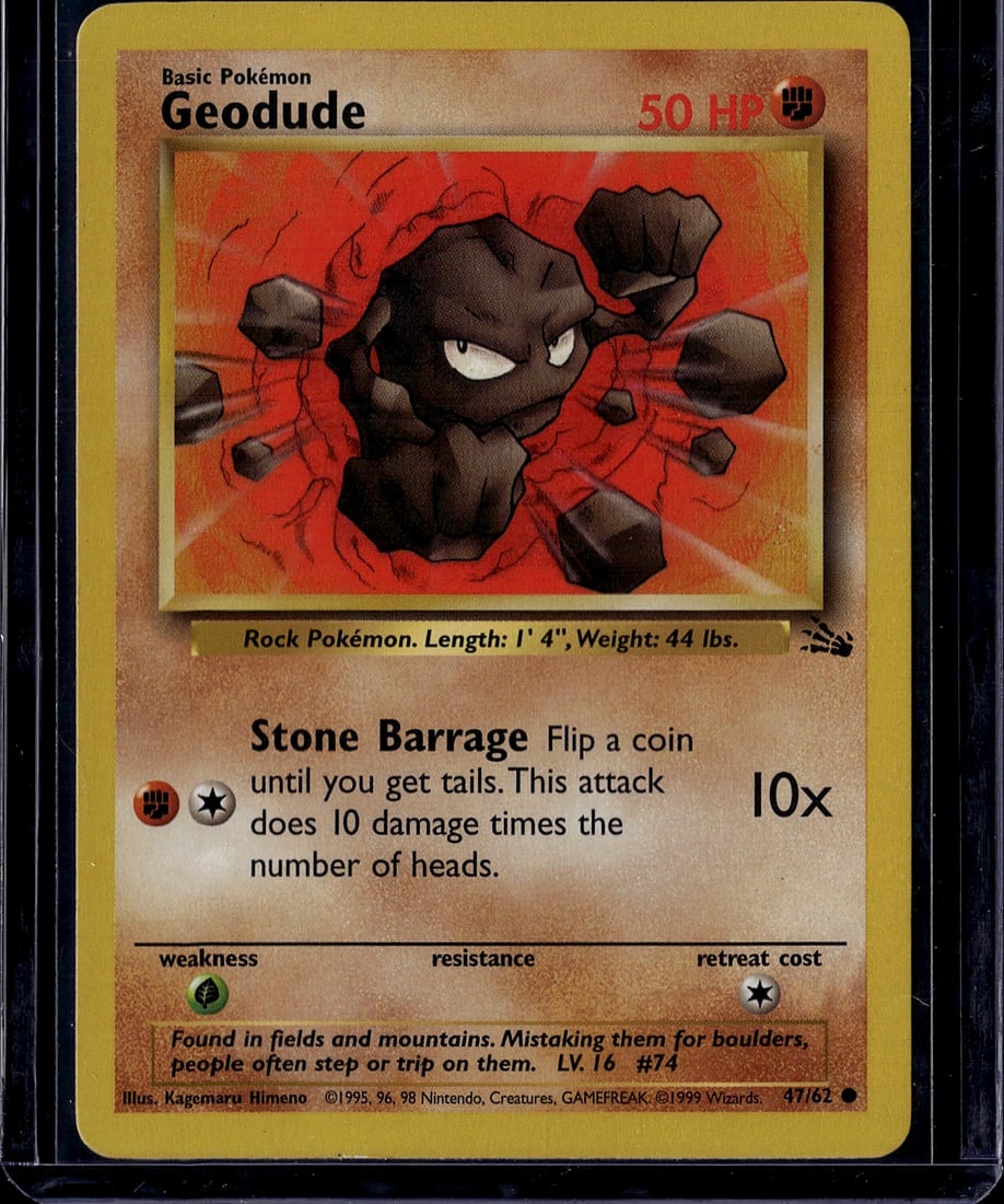 1999 Pokemon Base Set Geodude 47/62 Rock Type: This is an authentic 1999 Pokemon Trading Card Game Base Set Geodude card (47/62), featuring the iconic Rock Pokemon with its distinctive black rocky body and angry expression. The card showcases