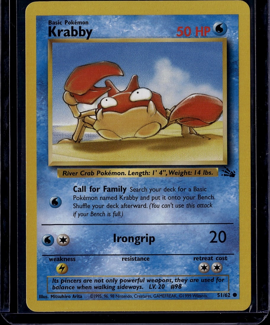 Krabby 51/62 Pokemon Base Set 1999 TCG Card: This is an original Krabby Pokemon Trading Card Game card from the 1999 Base Set, card number 51/62. Krabby is depicted as a Basic Water-type River Crab Pokemon with 50 HP, featuring the iconic illust