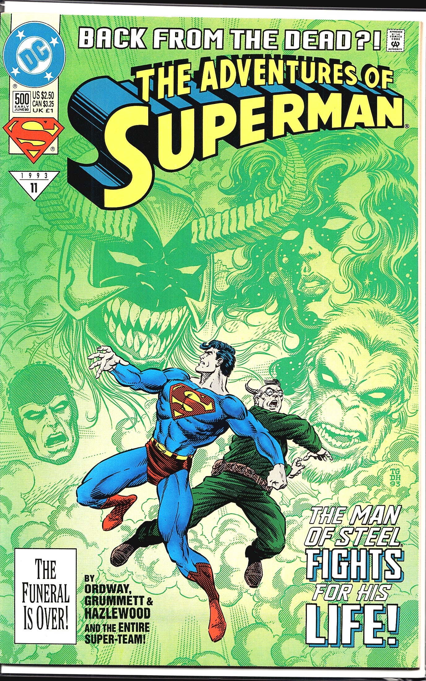 Superman 1993 DC Comics Adventures of Superman: Adventures of Superman #500, published by DC Comics in Early June 1993, is a landmark issue featuring the tagline 'Back From the Dead?!' This oversized milestone issue follows the 'Funeral for a