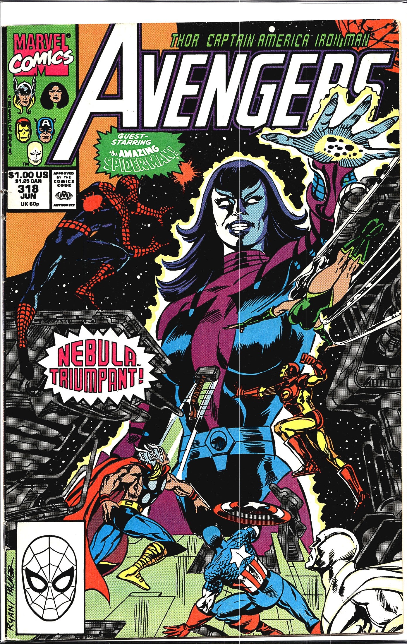 1990 Marvel Avengers #318 Nebula Comic Card: Avengers #318 published by Marvel Comics, cover dated June 1989, priced at $1.00 US / $1.25 CAN / 60p UK. This issue features the story 'Nebula Triumphant!' with guest-starring the Amazing Spider-Man.