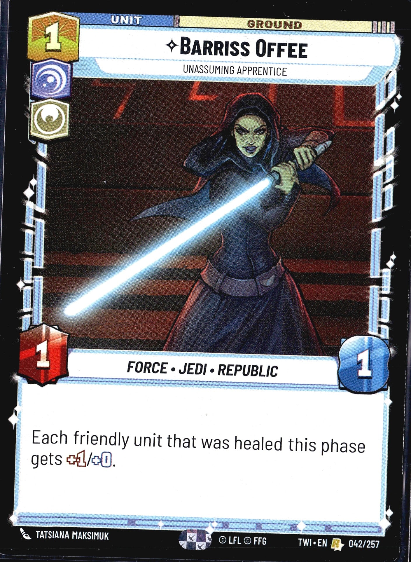 2024 Fantasy Flight Games Star Wars Unlimited: This listing is for Barriss Offee, card 042/257 from the Star Wars Unlimited trading card game set Twilight of the Republic (TWI-EN). She is classified as a Ground Unit with the Force, Jedi, and