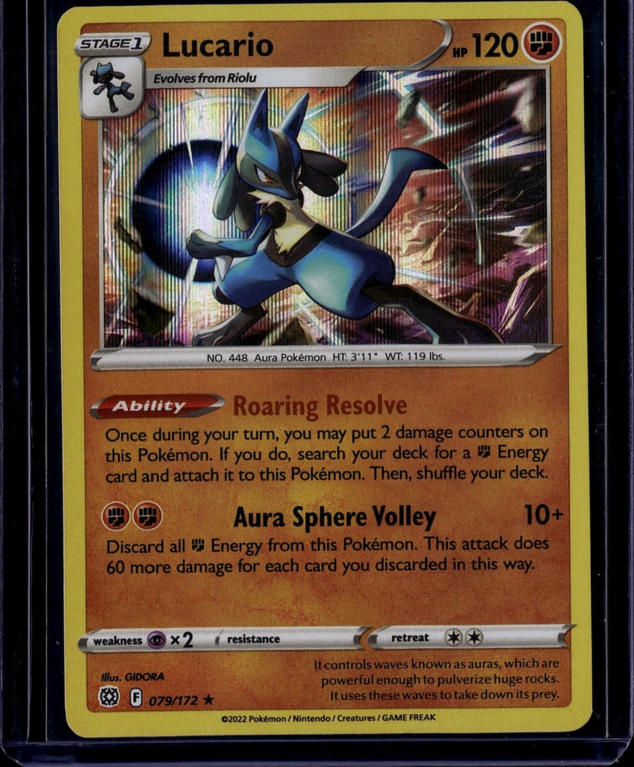 2022 Pokemon Lucario 079/172 Stage 1 Aura: This is a 2022 Pokemon Trading Card Game Lucario card (No. 448) from the Sword & Shield era set, card number 079/172. Lucario is a Stage 1 Fighting-type Aura Pokemon with 120 HP that evolves from Riol