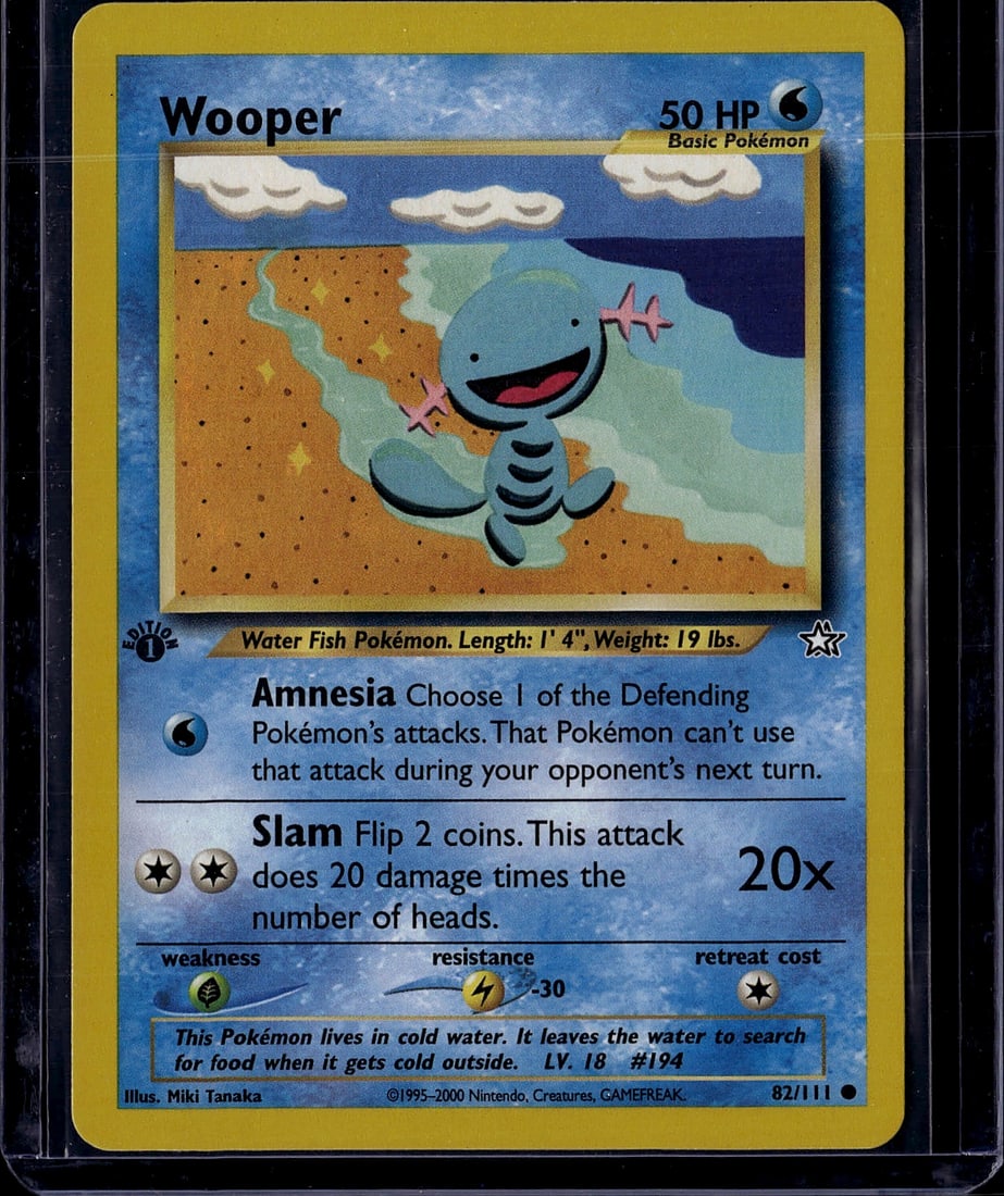 Wooper 82/111 Base Set Pokemon Card 2000 Water: This is an original 2000 Wooper Pokemon Trading Card from the Base Set, card number 82/111. Wooper is a Water Fish-type Basic Pokemon with 50 HP, illustrated by Miki Tanaka. The card features two atta